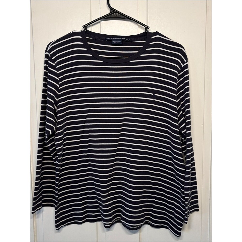 Ralph Lauren Sport Navy and White Striped Long Sleeve Cotton Knit Shirt Nautical